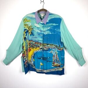 Diane Gilman Silk Button Down Shirt Beach Print Sequin Accents Woman 1X Vacay